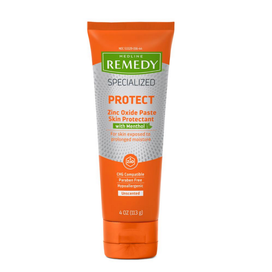 A 4 oz orange tube of Medline Remedy Specialized Zinc Oxide Paste with Menthol, unscented, paraben free, hypoallergenic, and formulated with Phytoplex Botanical Complex to protect skin exposed to moisture.